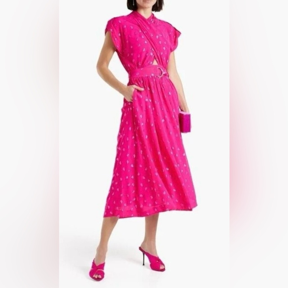 Derek Lam Celeste Hot Pink Midi Dress with Metallic Detail Print Size 4